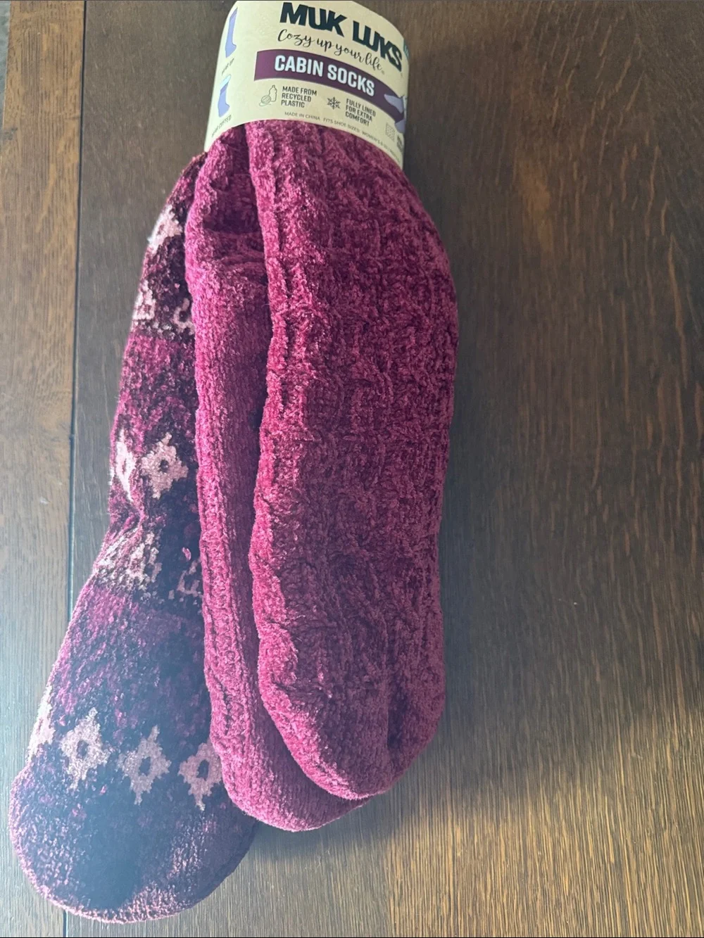 Muk Luks Plush Cabin Socks - Burgundy and Pink Accents